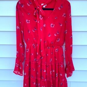 Xhilaration Red Floral Long Sleeve Tiered Dress Boho Ruffle Ties Sz Small